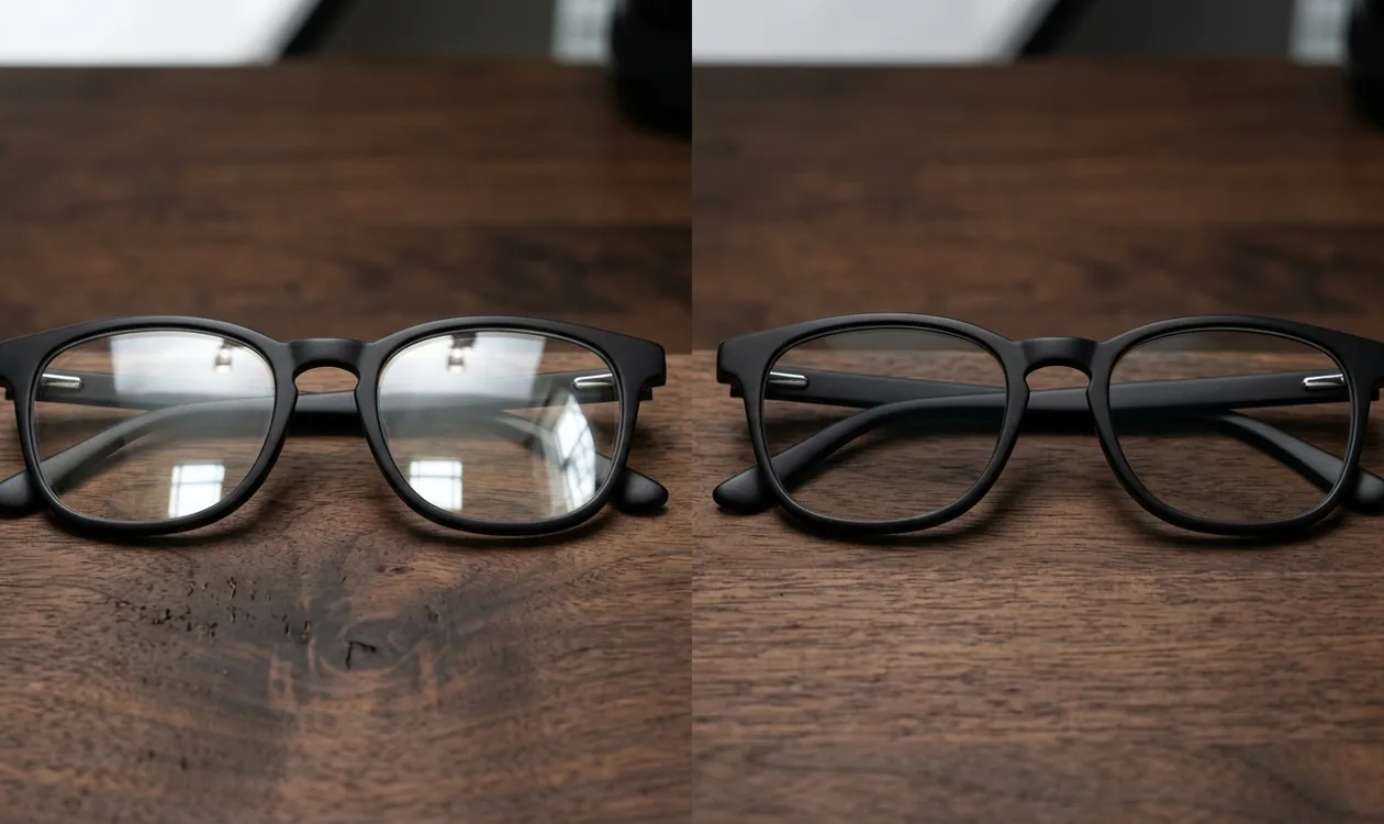 Opticien expliquant les options de traitement des verres à un patient lors d'une consultation montures et verres
