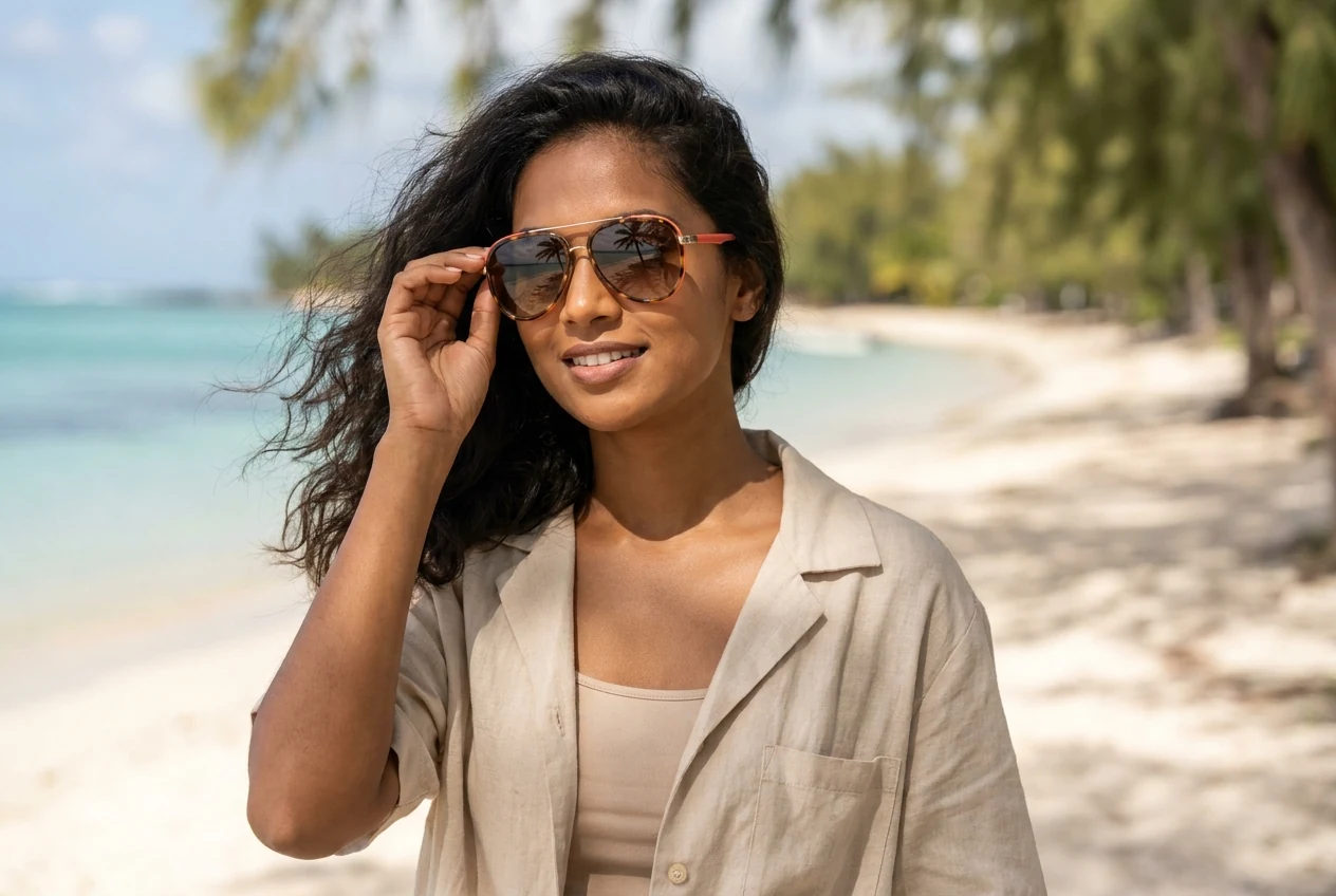 A woman at the beach enjoying the ocean view, illustrating situations where glasses are safer than contact lenses near water.