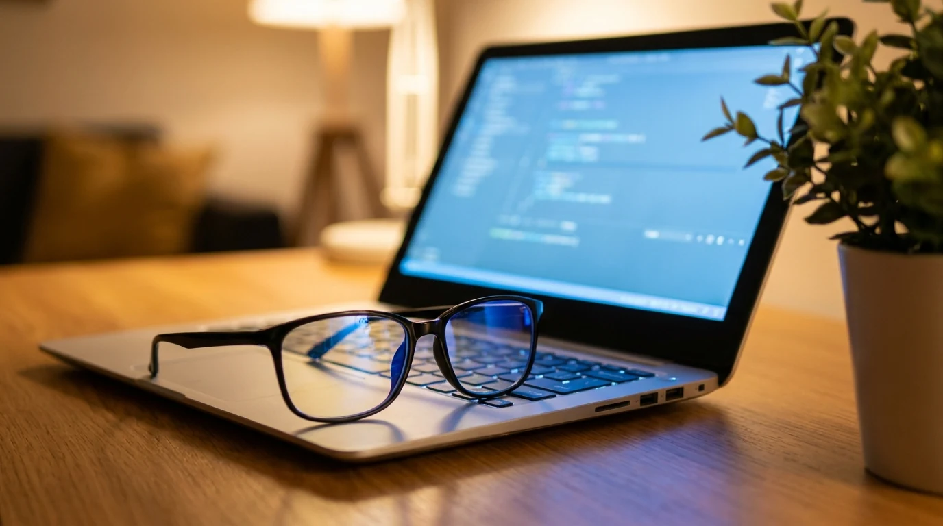Person working at a computer late at night wearing glasses