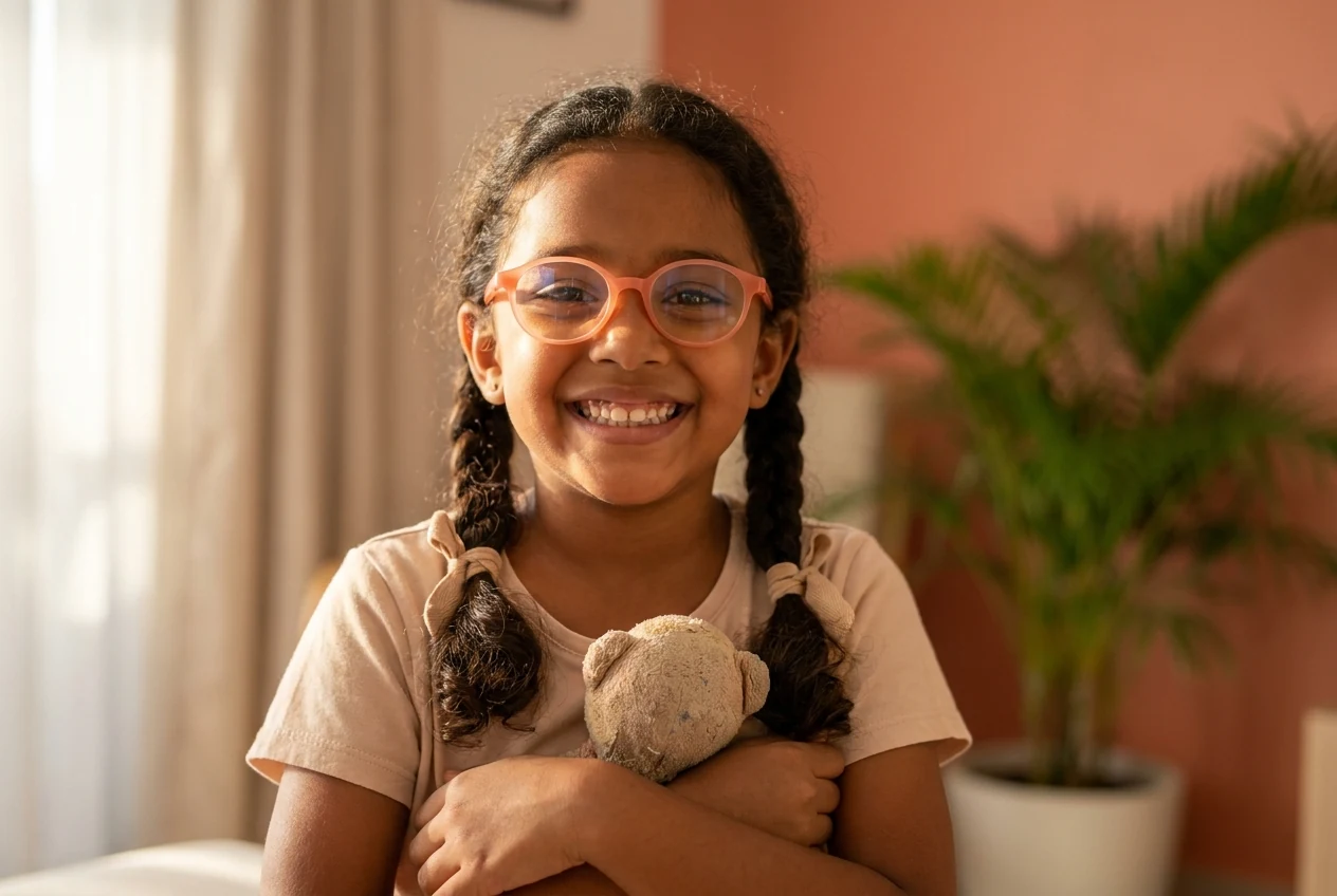 A happy young girl smiles confidently, representing the positive outcome of early vision correction for children.