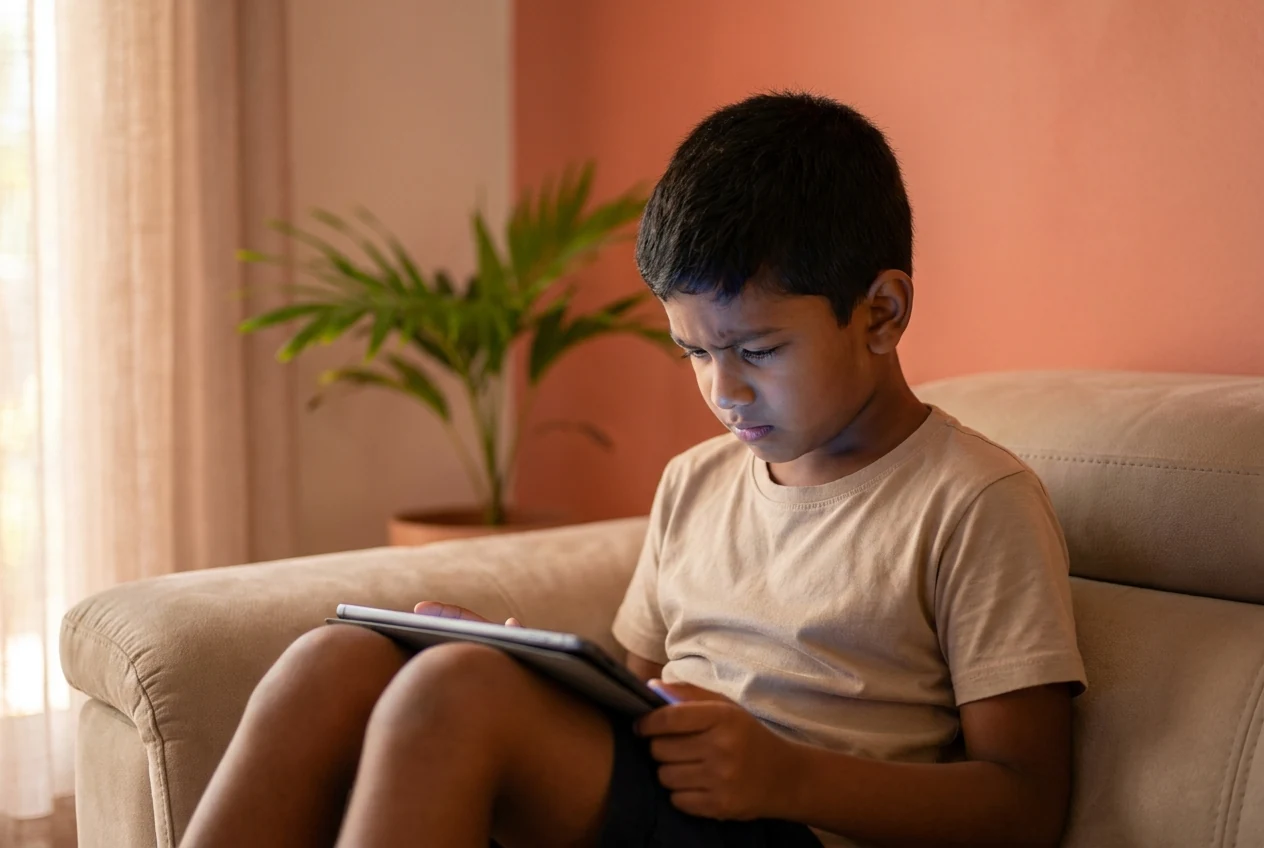 A school-age child looks intently at a tablet screen, illustrating digital screen time linked to myopia risk.