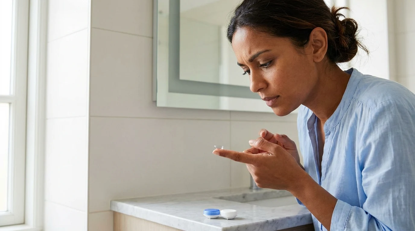 Person carefully placing a contact lens on a fingertip