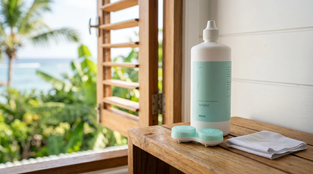 Contact lens case and multipurpose solution bottle on a teak bathroom shelf in a Mauritian home, warm morning light with tropical foliage visible through a louvered window