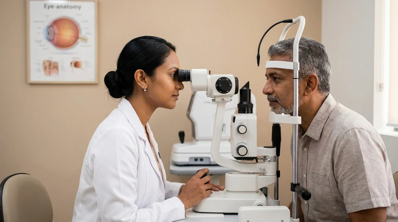 Patient undergoing a dilated eye examination at an optometrist clinic
