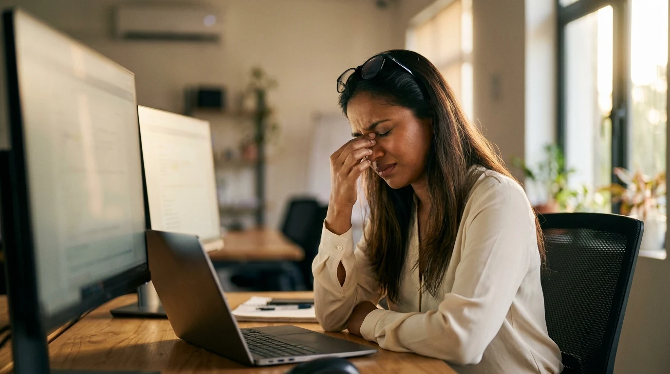 Exhausted professional at a desk staring at a computer screen