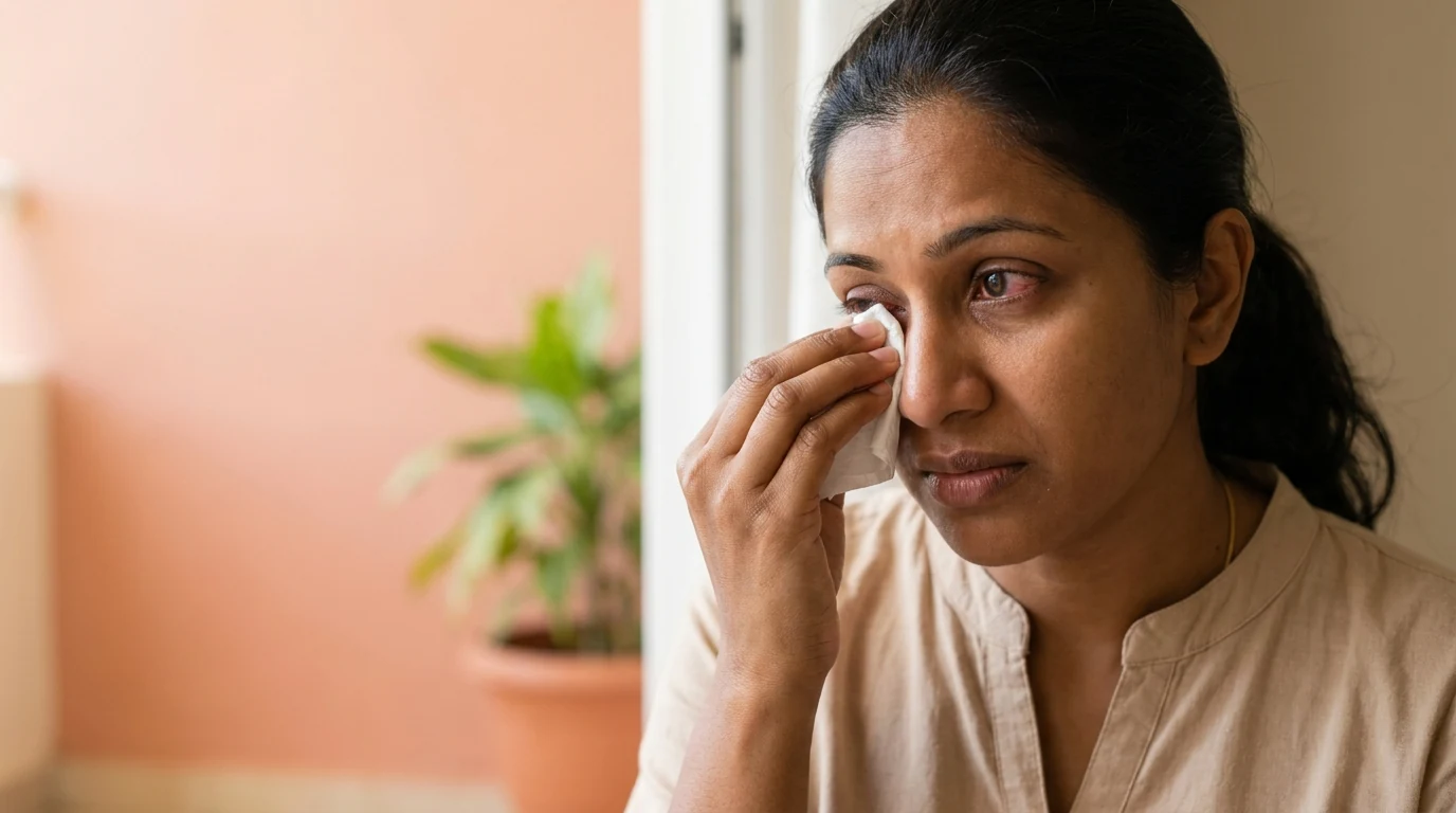 Person rubbing tired dry eyes while working at a computer
