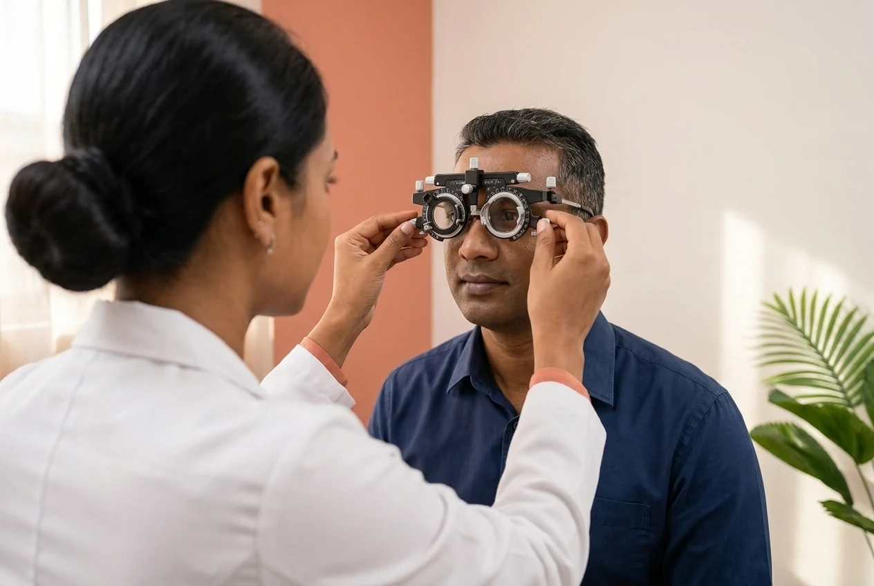 A man receiving an eye test with ophthalmology equipment at an optometry practice.