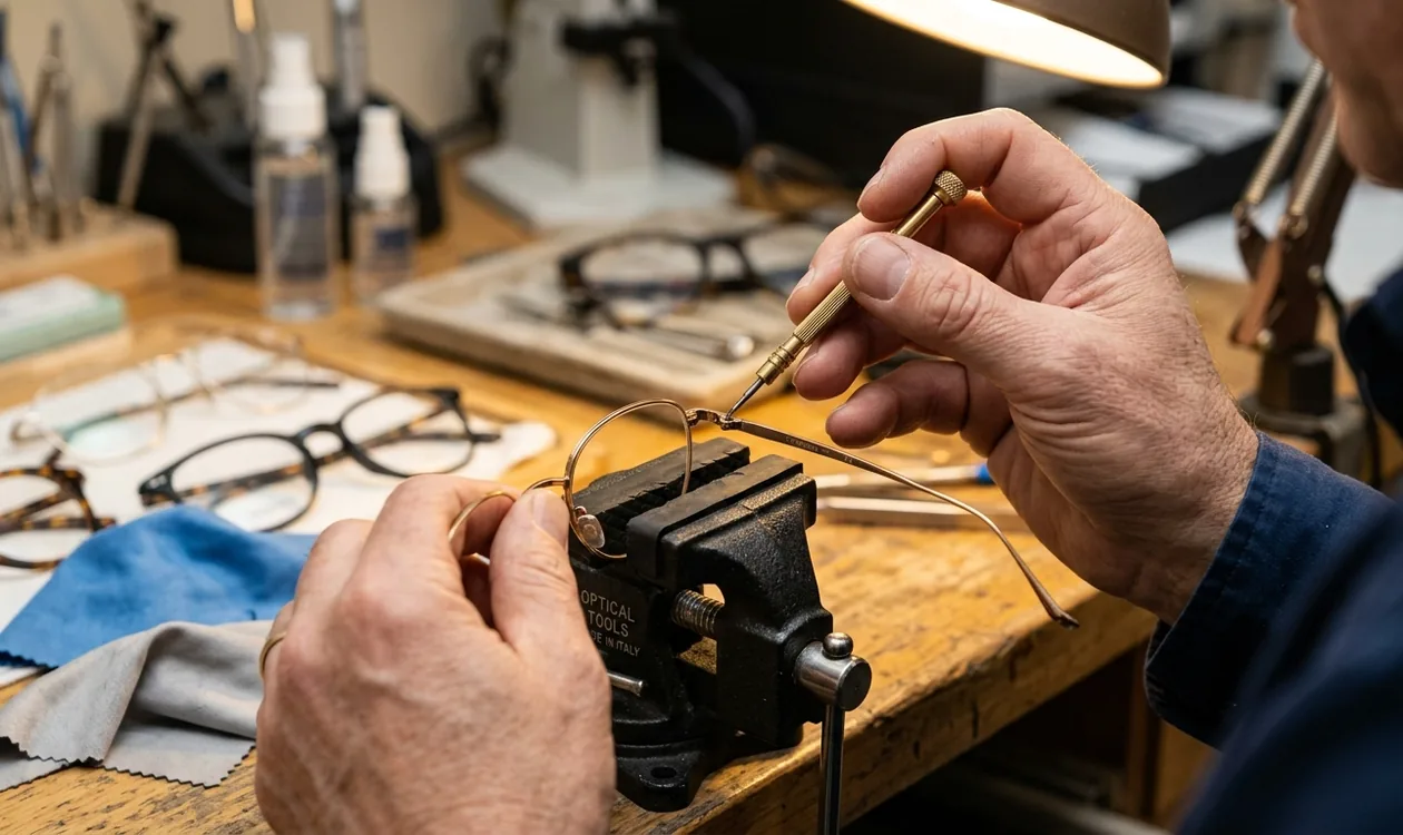 Optician repairing a pair of eyeglasses on a workbench