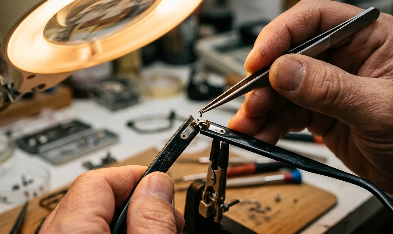Optician examining a pair of glasses closely for damage assessment and repair evaluation
