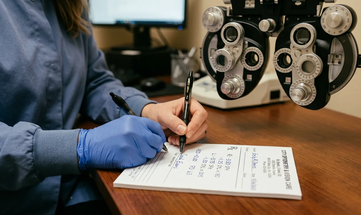 Eye examination equipment in an optometrist's consulting room used for refraction testing during a glasses prescription update