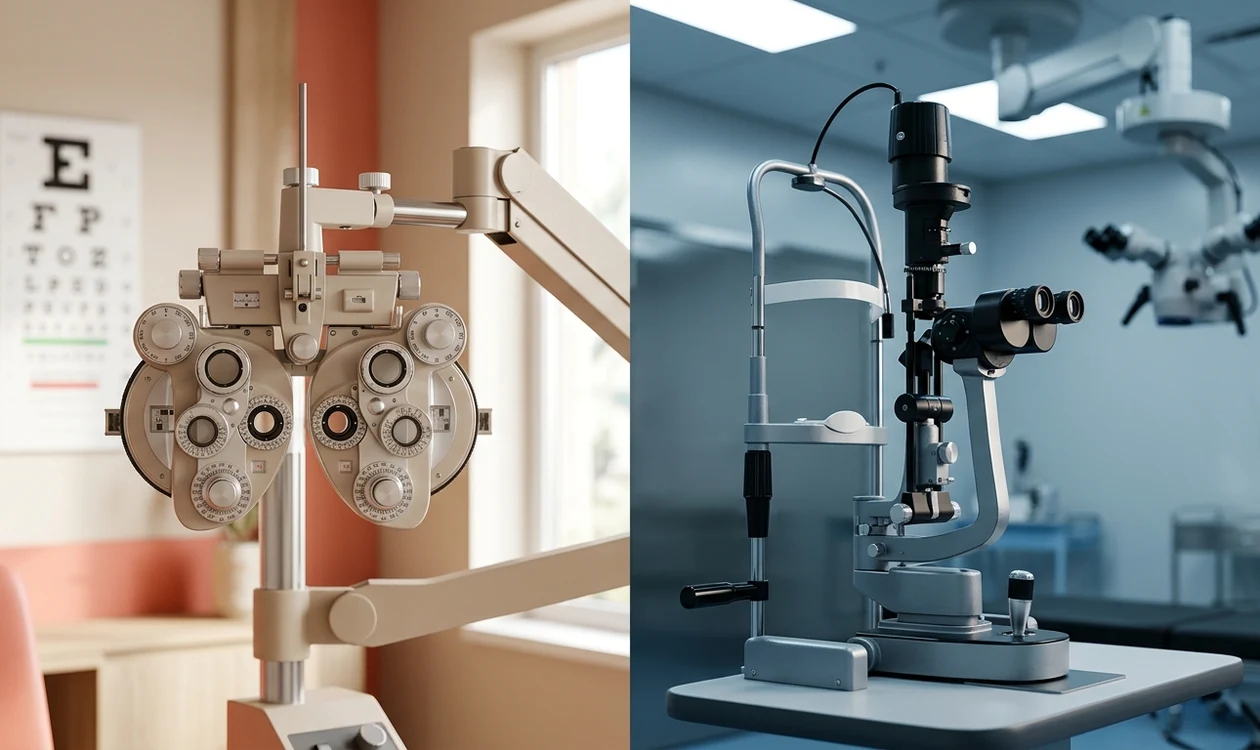 Split view of an optometry consultation room and an ophthalmology clinic