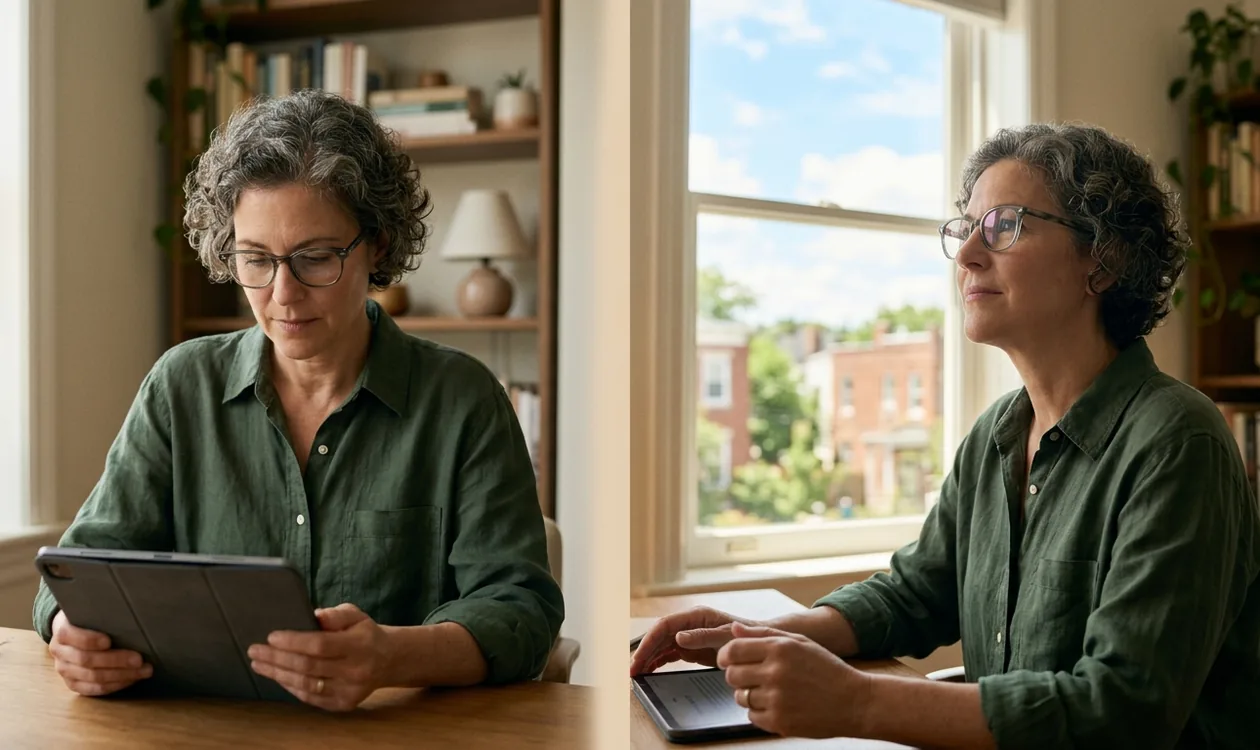 Optometrist examining a patient's eyes during a presbyopia assessment, reviewing lens prescription options