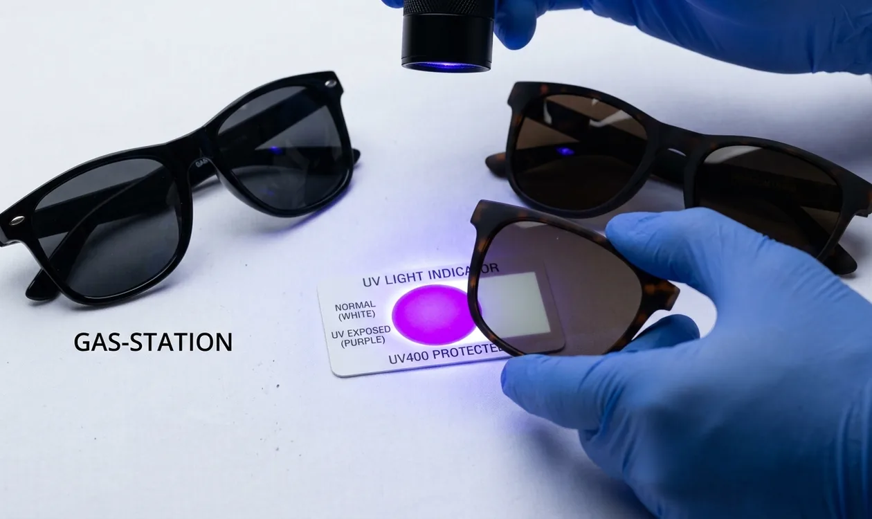 Close-up of sunglasses resting on golden beach sand with ocean in background, showing UV400 labelling for tropical-environment eye protection