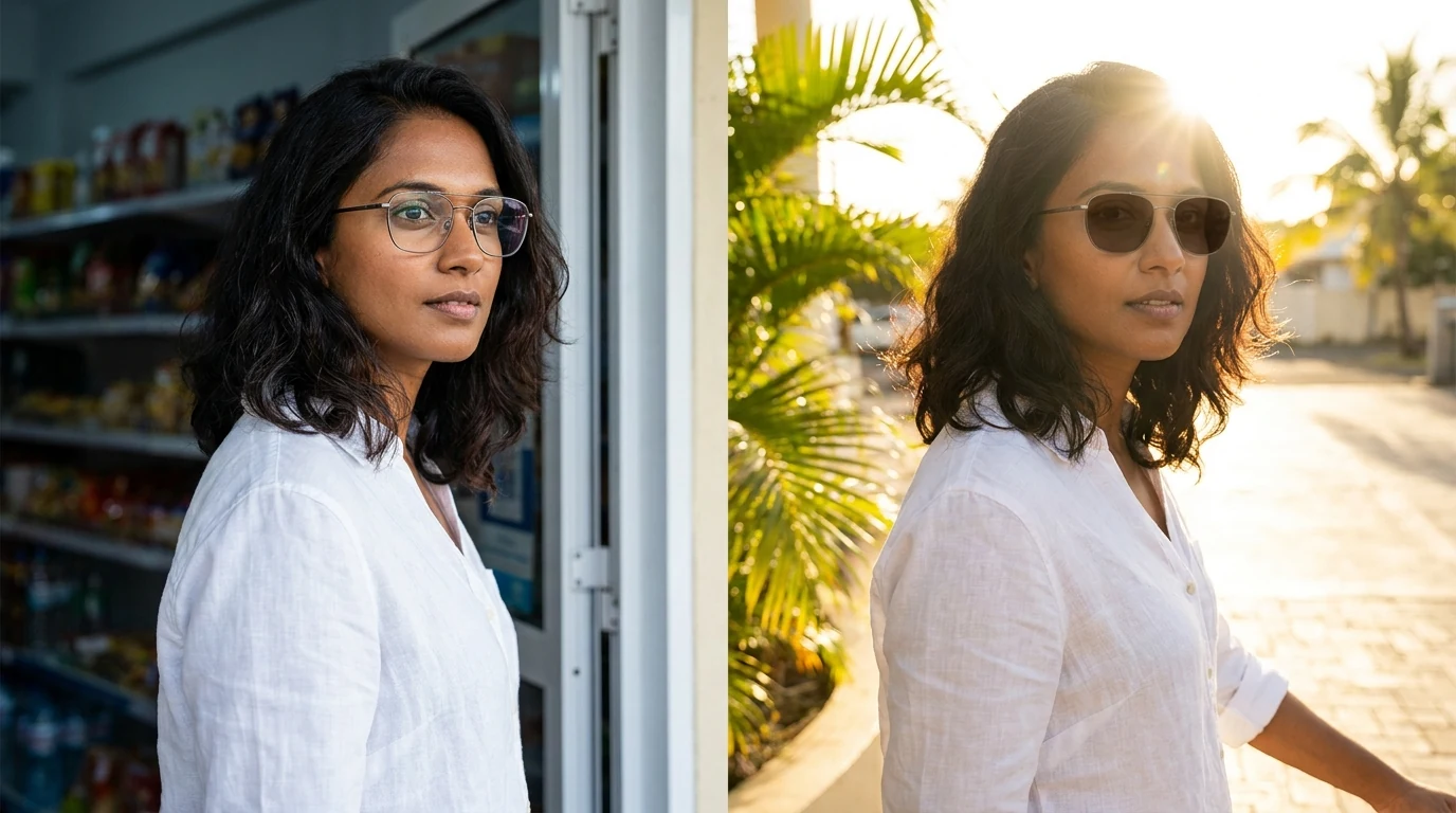 Person wearing glasses outdoors in bright tropical sunlight