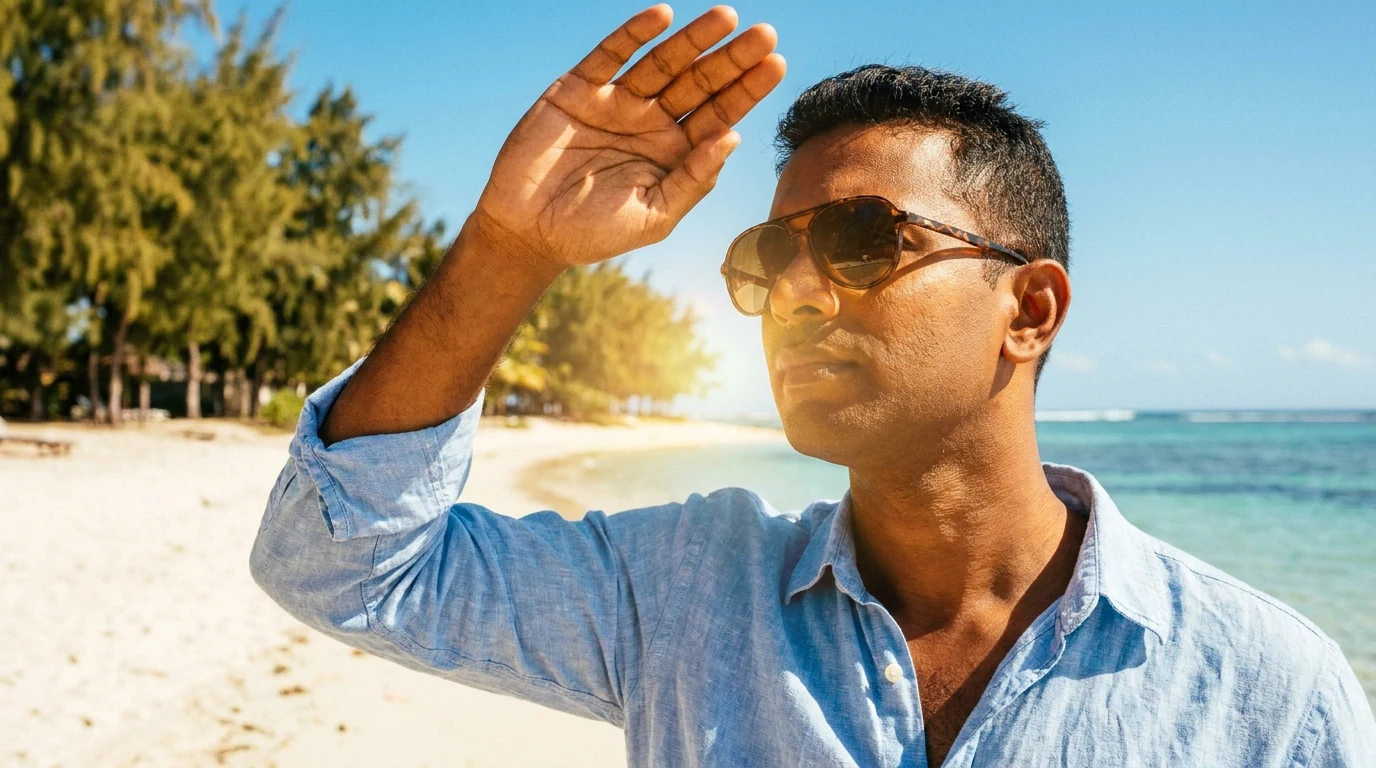 Person at a Mauritius beach squinting in bright sunlight