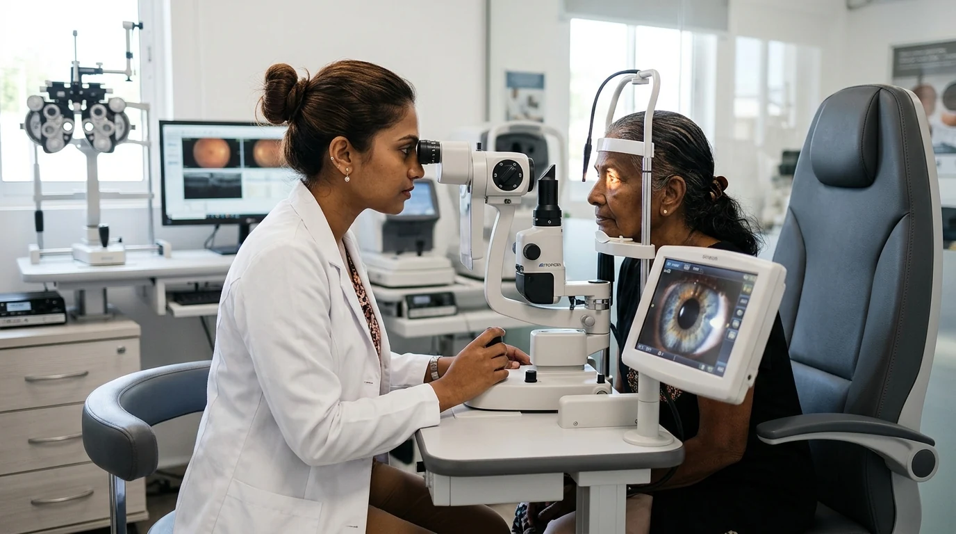 Registered optometrist fitting contact lenses for a patient at D.Sungkur Optometrist, Quatre-Bornes, Mauritius