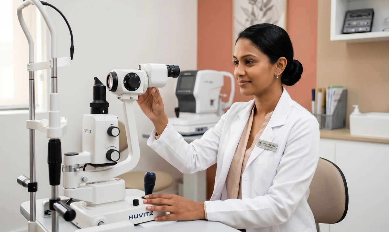 Optometrist performing a detailed eye examination