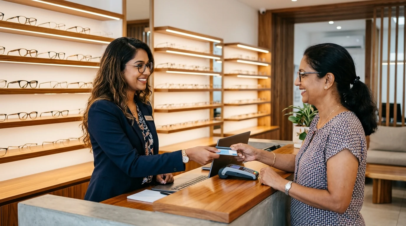 Patient presenting insurance card at D.Sungkur Optometrist boutique counter — cashless accepted with Swan, Medscheme, Eagle, Linkham, IBL Provident, Mosanté and SanlamAllianz