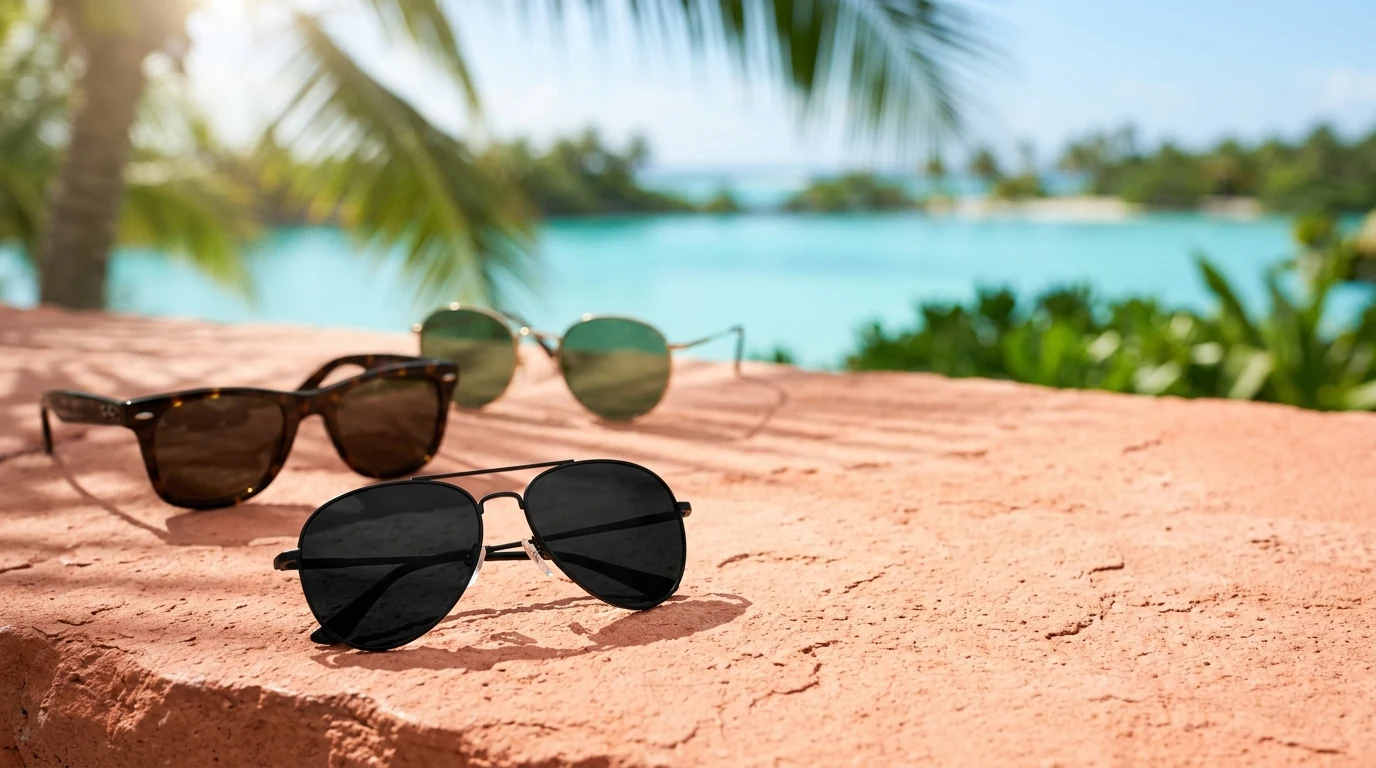 Designer sunglasses on a coral stone ledge in front of a turquoise Mauritian lagoon